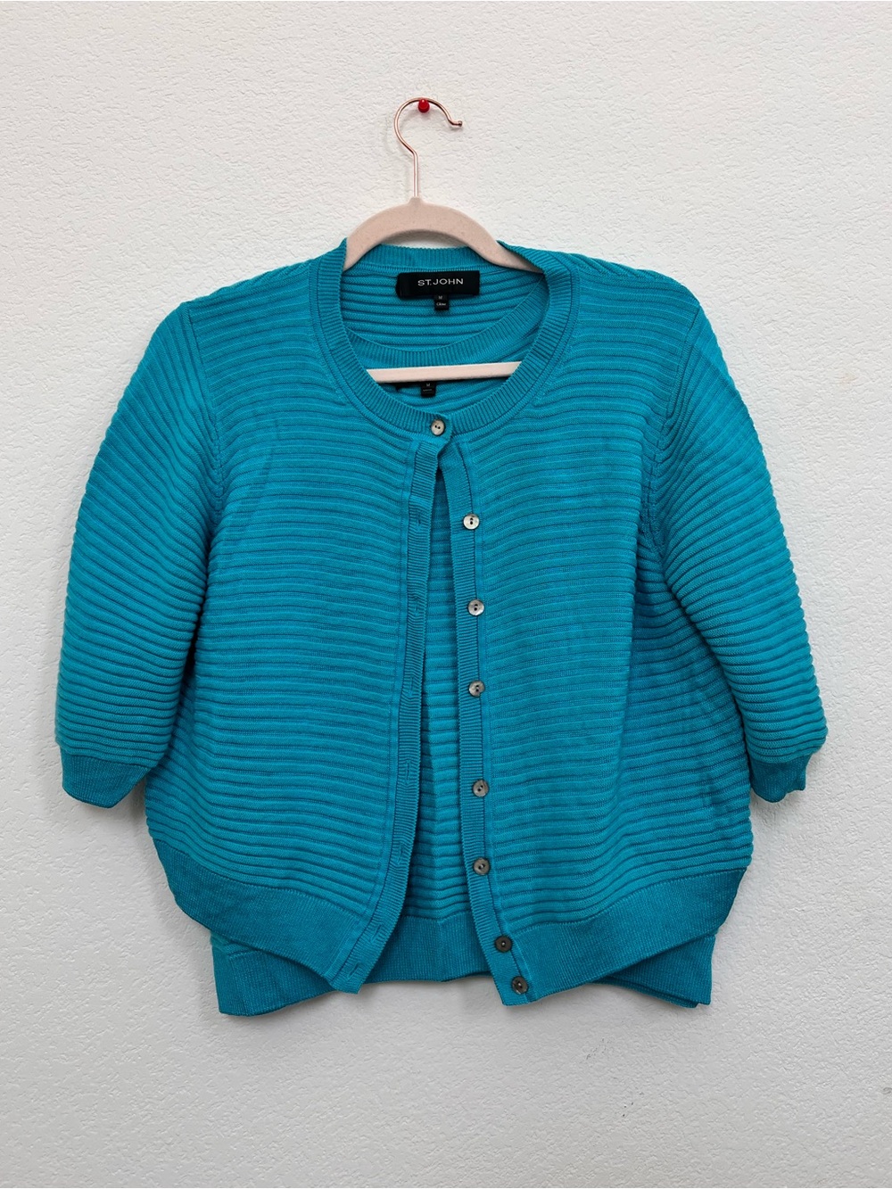 St. John Blue Ribbed Wool Blend Knit Top Cardigan Twinset Sweater Set Medium